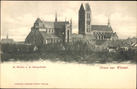 KP hanzeatyckiego miasta Wismar, kościół św. Marii i św. Jerzego, fototyp, pozdrowienia z Wismaru