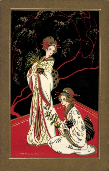 Artist Postcard Corbella, T., Geishas in robes
