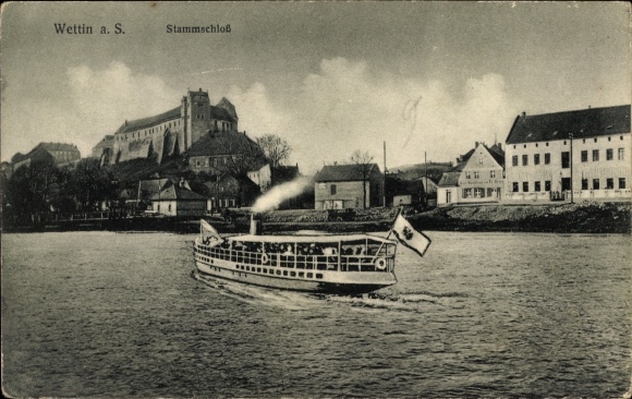 Ak Wettin Löbejün im Saalekreis, Flusspartie am Stammschloss, Dampfer