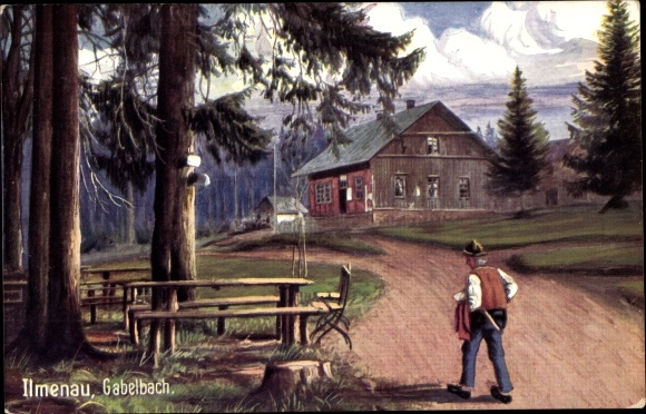 Postcard Ilmenau in Thuringia, Gabelbach, forest hut, hikers