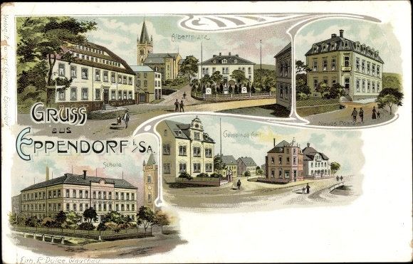 Litho Eppendorf in Sachsen, Albertplatz, Post, Gemeindeamt, Schule