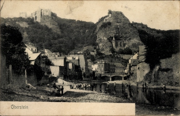 Postcard Idar Oberstein on the Nahe, view of river, houses, castle ruins, mountains