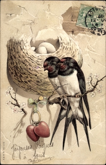 Postcard swallow pair, nest with eggs, hearts