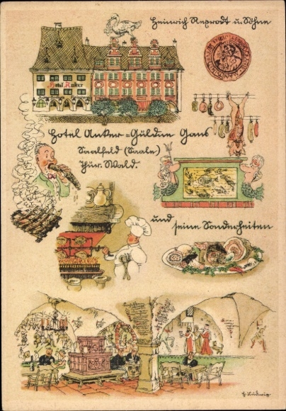 Ak Saalfeld an der Saale Thüringen, Historisches Hotel, Thüringer Wald, kulinarische Spezialitäte