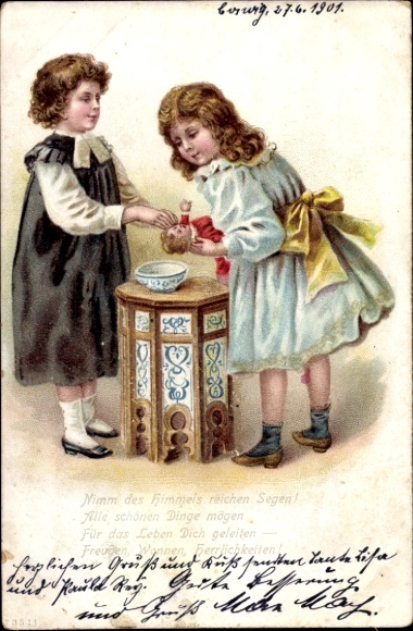 Postcard Brockwitz Coswig in Saxony, Two girls look at a doll that stands on a table.