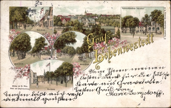 Litho Hohenwestedt in Schleswig Holstein, Lehranstalt, Marktplatz, Bahnhofshotel, Hinterstraße