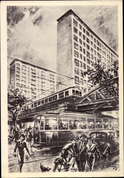 Artist PC Hamburg Mitte old town, street section with elevated train and tram