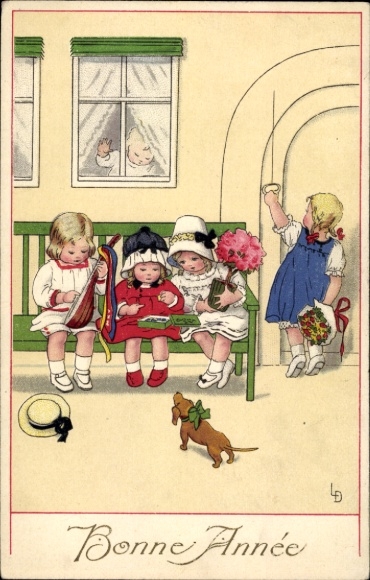 Artist Postcard Döring, Lia, Happy New Year, children with flowers and chocolates, lute, dachshund
