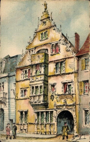 Postcard Colmar Kolmar Alsace Haut Rhin, half-timbered house with bay window, in front of it two people