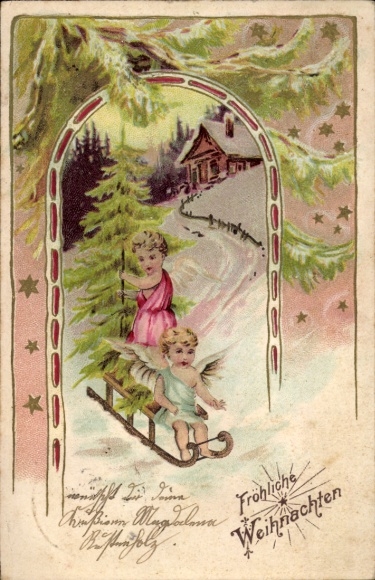 Embossed Passepartout Postcard Christmas, Angel, Christmas Tree, Sleigh