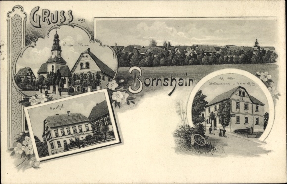 Postcard Bornshain Nobitz Altenburger Land, church, inn, material goods store