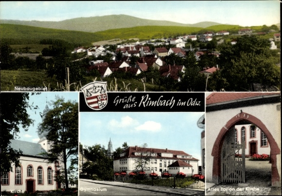 Postcard Rimbach in the Odenwald, new development area, church, high school, old gate at the church