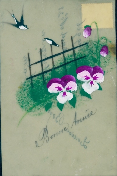 Celluloid PC Happy New Year, swallows, pansies