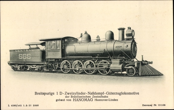 Postcard Brazilian railways, steam locomotive, 1D two-cylinder wet steam freight locomotive, Hanomag, No. 566