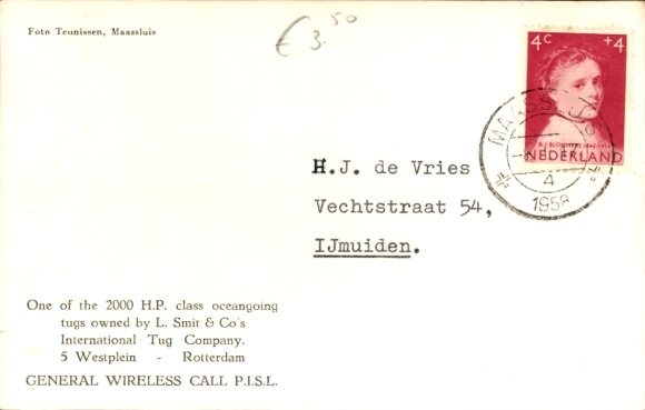Postcard L. Smit & Co., MT Oostzee, International Sleep Service, Tugboat
