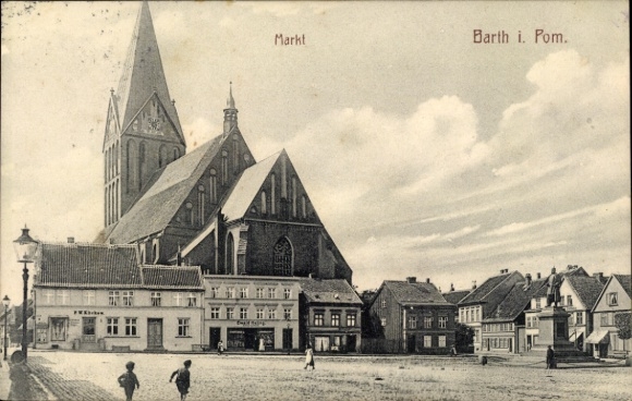 Postcard Barth on the Baltic Sea, market square, church, architecture, sky with clouds