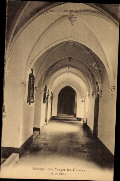 Postcard Chimay Wallonia Hainaut, cloister of the abbey, columns, arches, light effects
