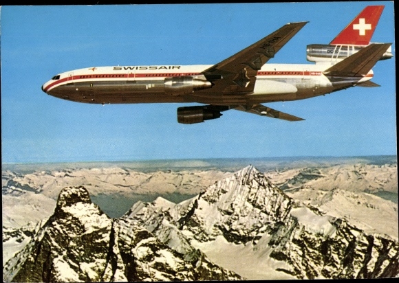 Postcard Swissair DC-10 passenger plane, plane over the Alps