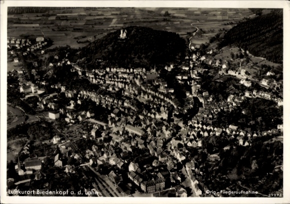 Postcard Biedenkopf on the Lahn, aerial view of a spa town, several houses, green landscape, reception