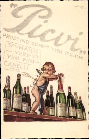 Postcard Picvi, champagne bottles, counters, angels, aprons, Spumanti, Vermut, Vini Fini, Canelli