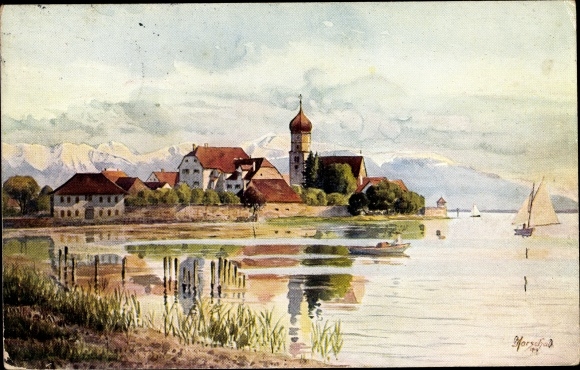 Artist PC Marschall, J., moated castle on Lake Constance, view of the place, sailing boat