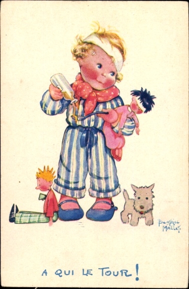 Artist Postcard Mallet, Beatrice, child with dolls, dog, cough syrup,Comite National de l'Enfance