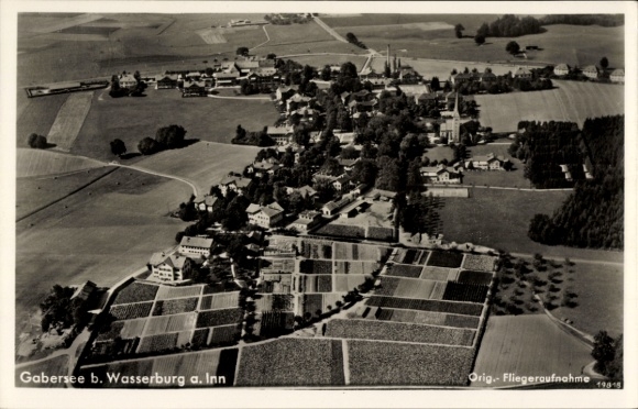 Postcard Wasserburg am Inn Upper Bavaria, aerial view of Gabersee, Wasserburg, fields and buildings