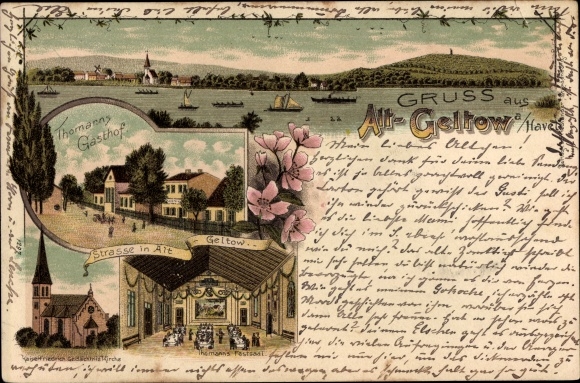 litho Geltow an der Havel, Thomanns Gasthof, balzaal, kapel, panorama