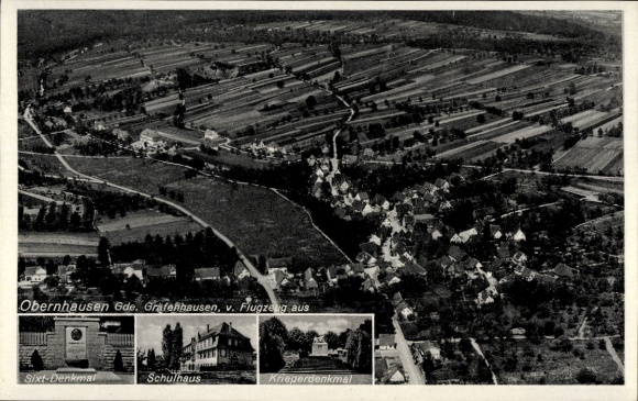 Postcard Obernhausen Birkenfeld in Württemberg, aerial photograph, schoolhouse, Sixt monument