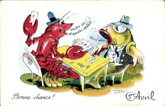 Artist Postcard Congratulations April 1st, Fish and Bumblebee Playing Cards