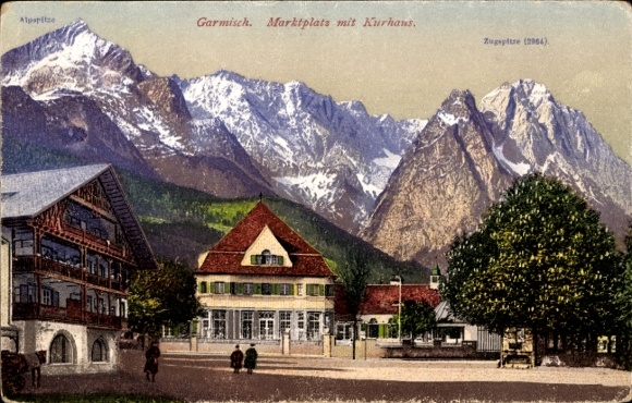 Garmisch Partenkirchen in Upper Bavaria, Alpine panorama, market square, Kurhaus, Zugspitze
