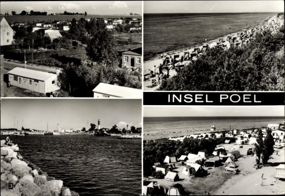 Postcard Timmendorf on the island of Poel, bungalows, black bush, harbor and lighthouse, campground