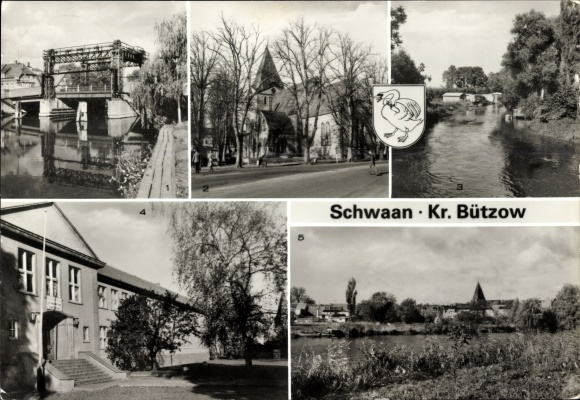Postcard Schwaan in Mecklenburg, Warnow Bridge, Market, At the Beke, Polytechnic High School