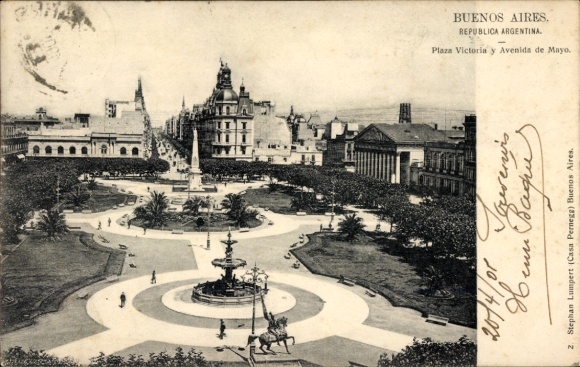 Postcard Buenos Aires Argentina, Plaza Victoria, Avenida de Mayo, fountain, trees, monument