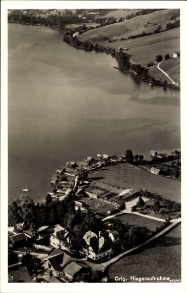 Postcard Fischhausen Schliersee in Upper Bavaria, aerial photograph, Schliersee, Hotel Finsterlin, landscape