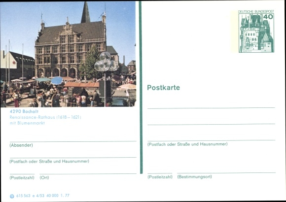 Postwaardekaart ansichtkaart Bocholt in Münsterland, gemeentehuis met bloemenmarkt