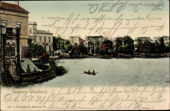 Chromo-Litho Hamburg North Uhlenhorst, rowing party on the fairy pond, houses