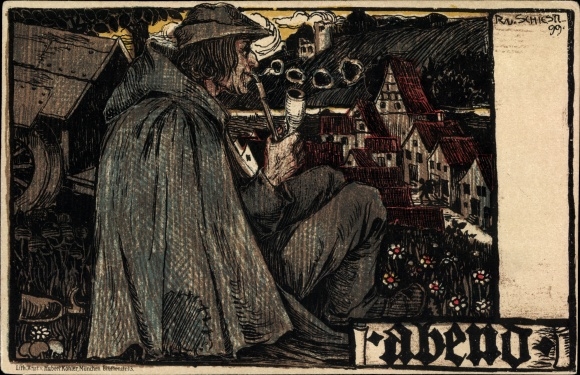 Artist Chromo-Litho Schiestl, R. v., evening, man smokes a pipe