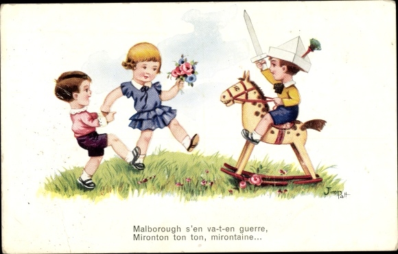Artist PC Patt, Jim, children, rocking horse, boy with sword