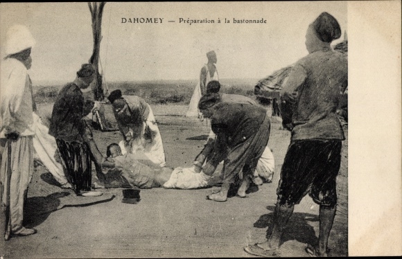 Postcard Dahomey Benin, preparing for caning