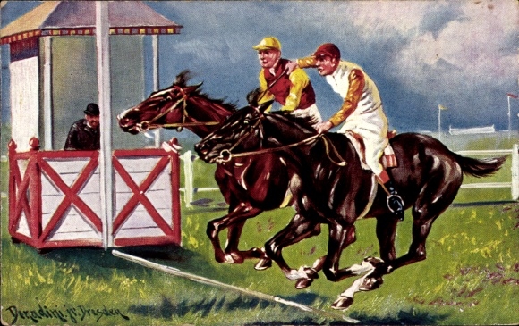 Kunstenaarskaart Donadini Jr., paardenraces, afwerking