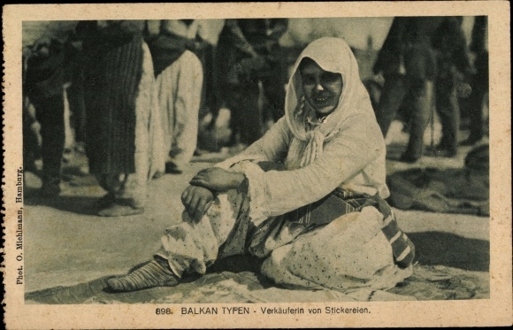 Postcard Balkantypes, seller of embroideries