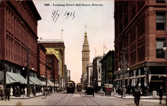 Postcard Denver Colorado, 16th Street, streetcar