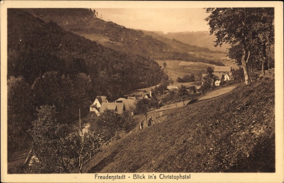 Postcard Freudenstadt in the Black Forest, view into the Christophstal, landscape, trees, hills, houses