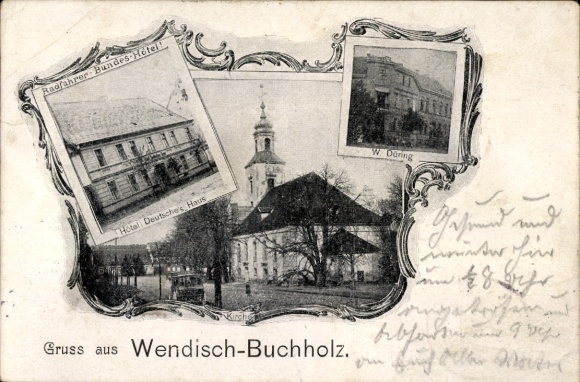 Postcard Wendisch Buchholz Märkisch Buchholz Dahme Spreewald, Church, Hotel Deutsches Haus