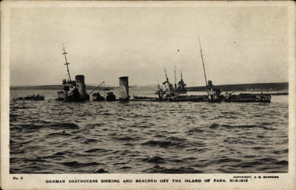 Postcard Fara Orkney Islands Scotland, German warships, scuttling, Scapa Flow, June 21, 1919