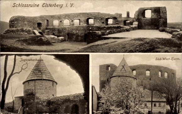 Ak Elsterberg an der Weißen Elster Vogtland, Schlossruine, Jugendherberge, Süd West Turm