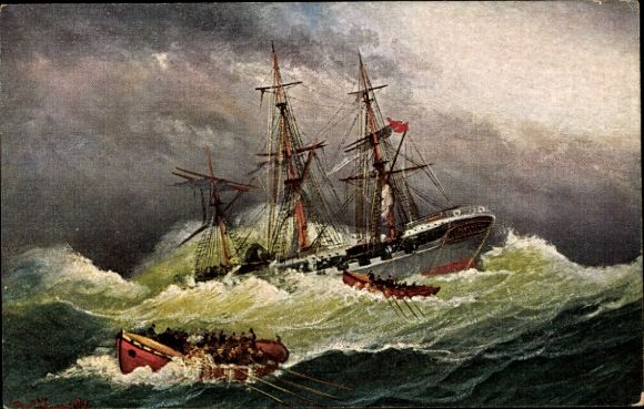 Artist Postcard Sailing ship sinking, lifeboat