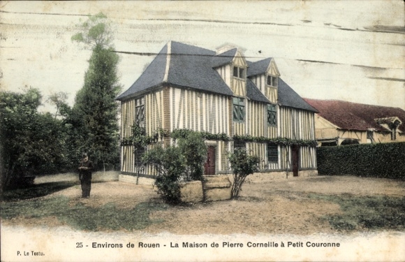 Ak Petit Couronne Seine Maritime, Haus von Pierre Corneille, Fachwerkarchitektur, Baum, Person
