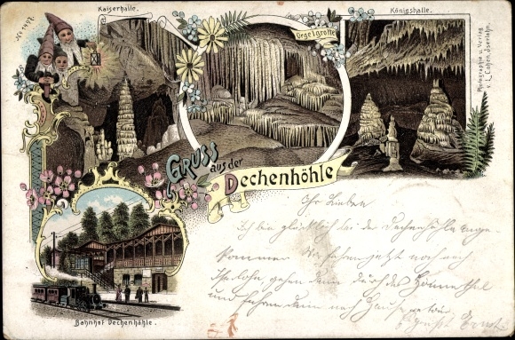 Chromo-Litho Green Iserlohn in the Märkisches Kreis, Dechen cave, royal hall, dwarfs, organ grotto, train station